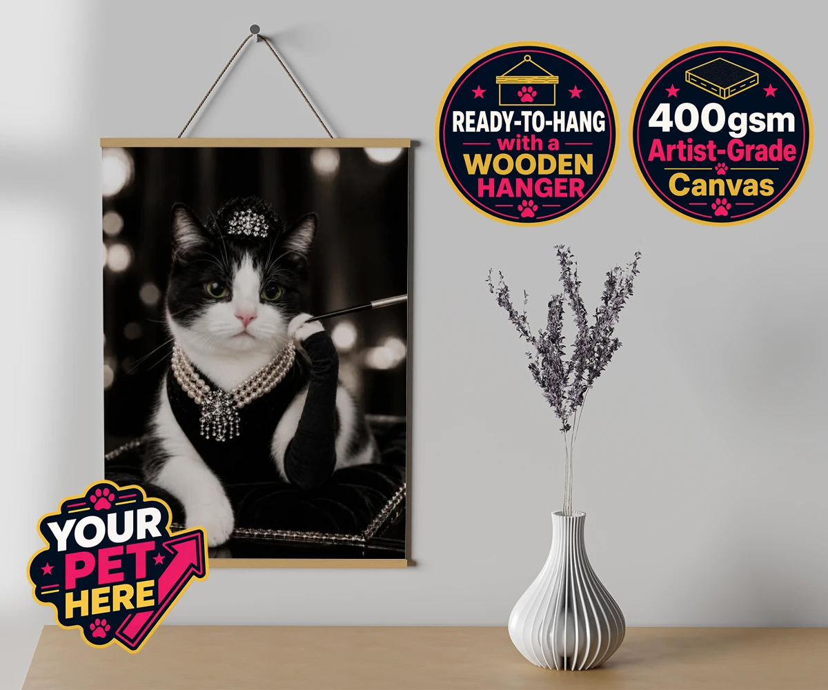 Personalised Breakfast at ... cat canvas poster prints with hanger featuring step into the glitzy world of Hollywood with our enchanting character