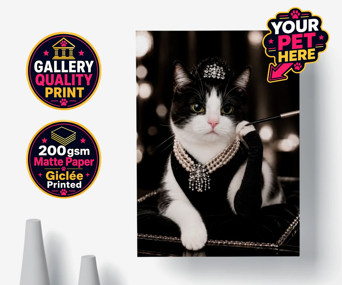 Personalised poster print of Breakfast at... cat character, featuring a cat in a black velvet gown and a pearl necklace.