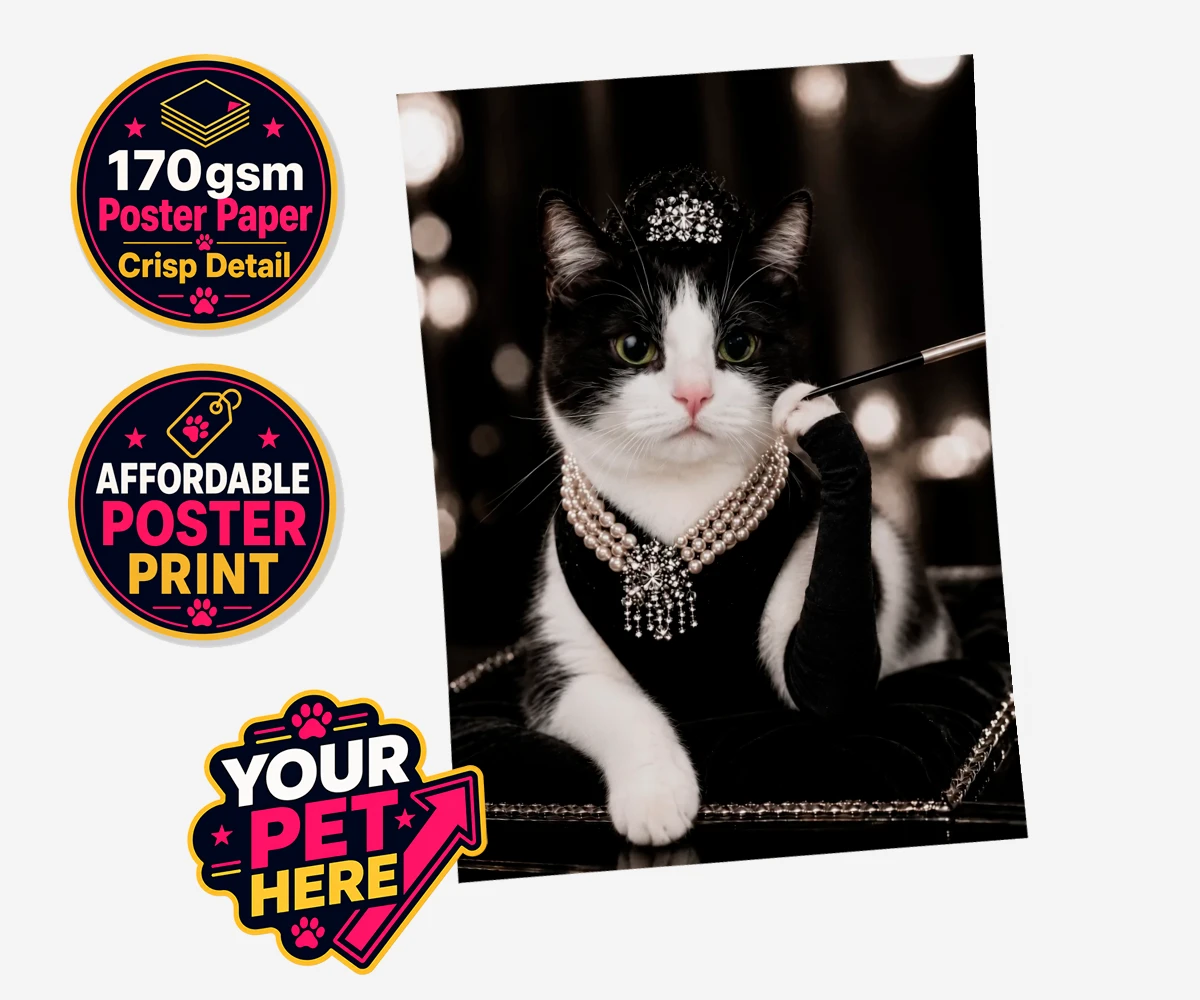 Personalised Breakfast at ... cat standard poster print featuring step into the glitzy world of Hollywood with our enchanting character