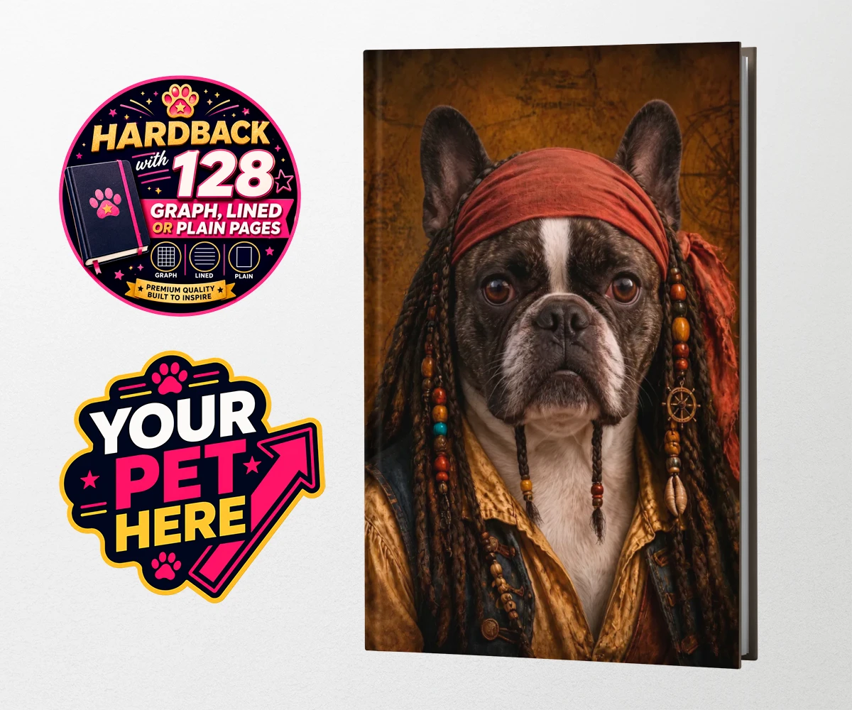 Personalised The Pawrate dog hardback notebooks featuring meet The Pawrate, a delightful canine pirate ready to embark on high-s