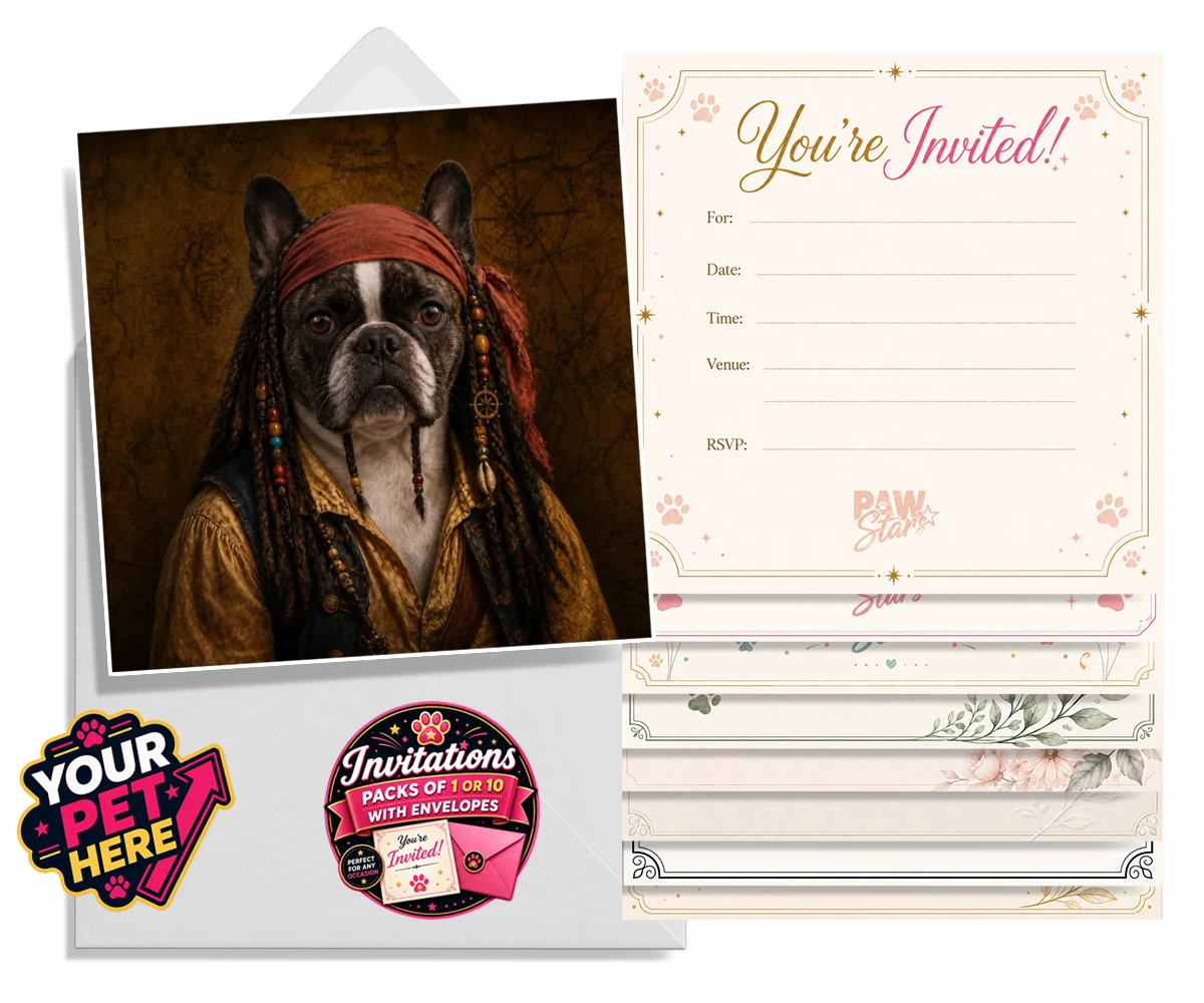 Personalised The Pawrate dog invitations featuring meet The Pawrate, a delightful canine pirate ready to embark on high-s