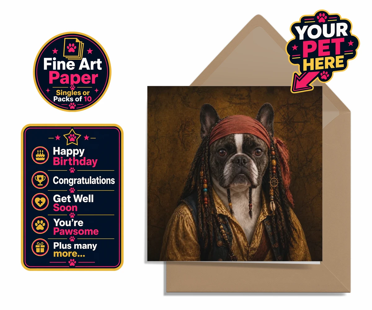 Personalised The Pawrate dog premium greetings cards featuring meet The Pawrate, a delightful canine pirate ready to embark on high-s