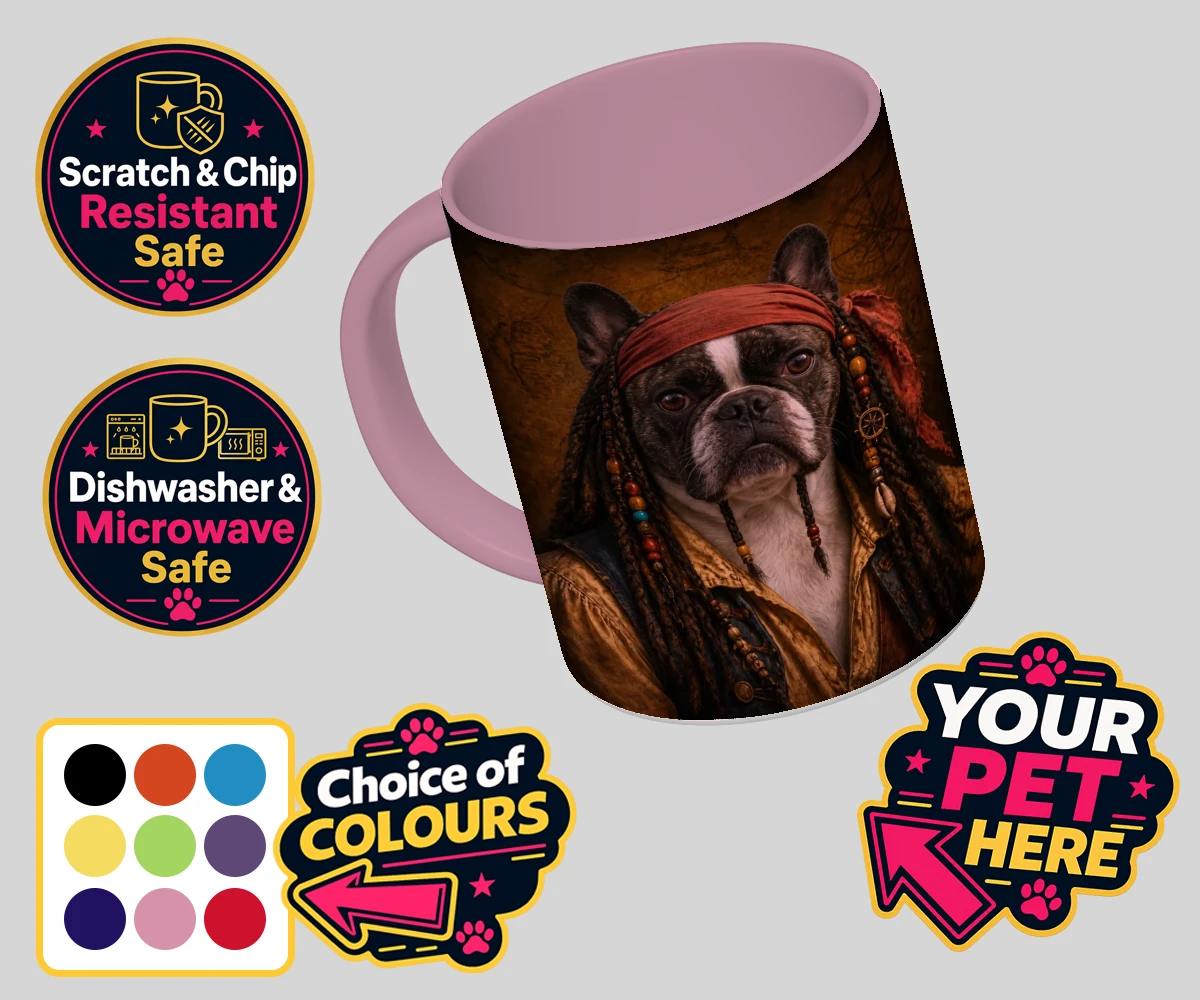 Personalised The Pawrate dog coloured photo mugs featuring meet The Pawrate, a delightful canine pirate ready to embark on high-s
