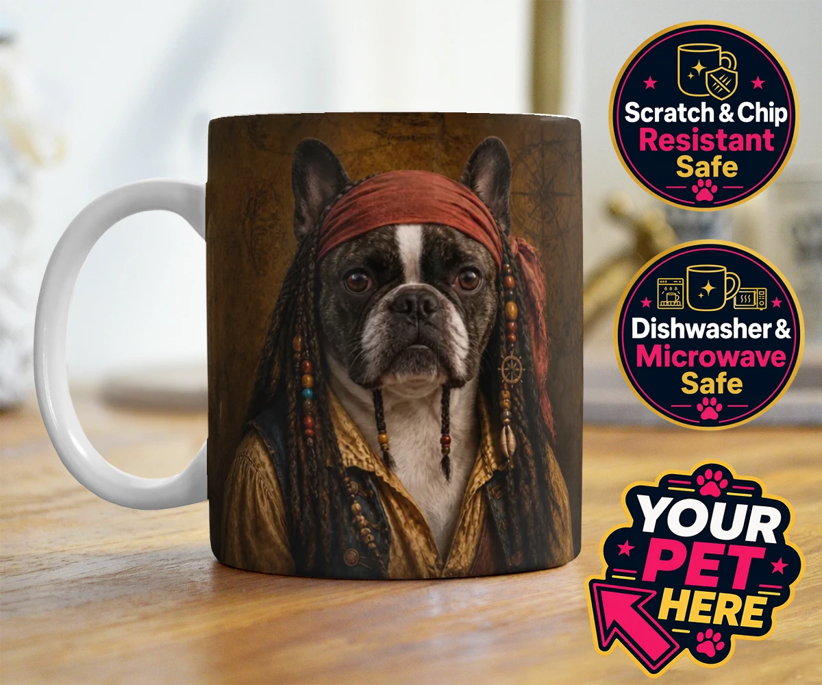 Personalised The Pawrate dog photo mugs featuring meet The Pawrate, a delightful canine pirate ready to embark on high-s
