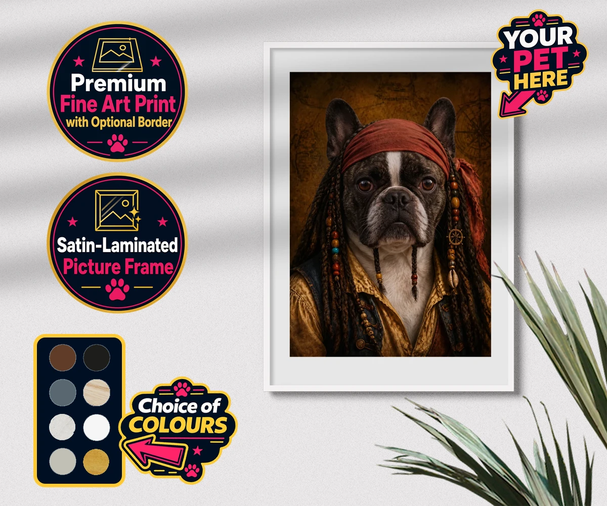 Personalised The Pawrate dog premium framed print featuring meet The Pawrate, a delightful canine pirate ready to embark on high-s