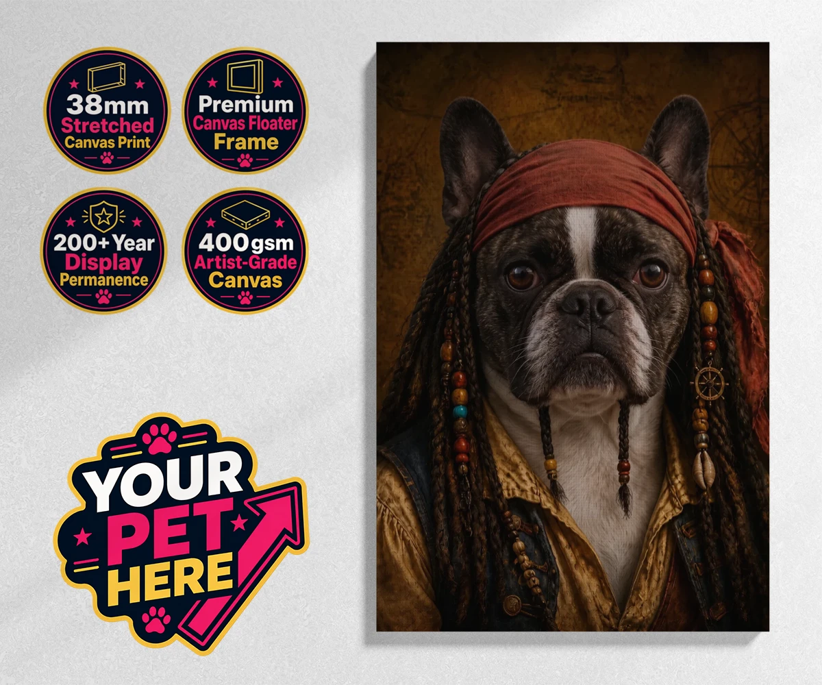 Personalised The Pawrate dog stretched canvas print featuring meet The Pawrate, a delightful canine pirate ready to embark on high-s