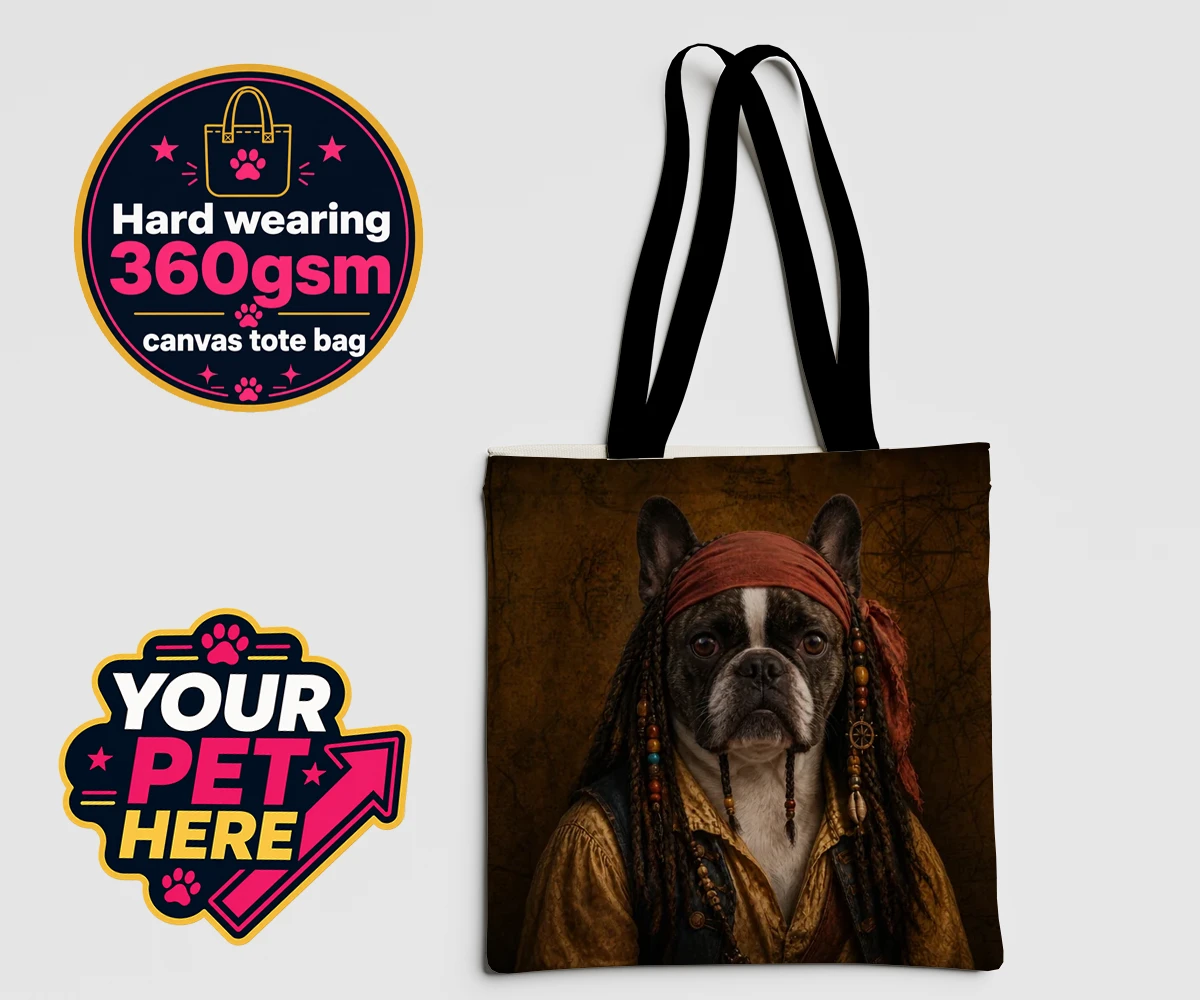 Personalised The Pawrate dog canvas tote bags featuring meet The Pawrate, a delightful canine pirate ready to embark on high-s