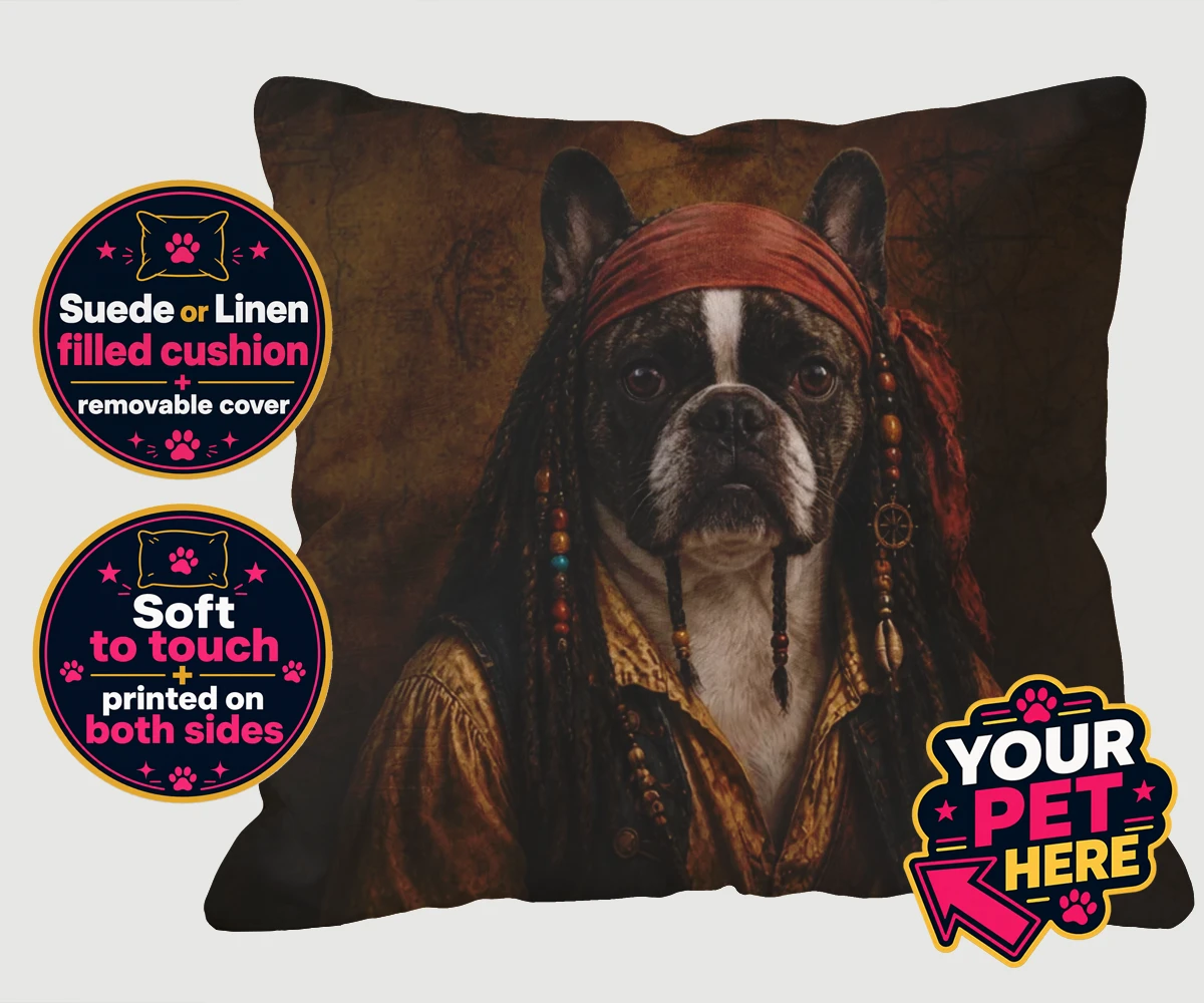 Personalised The Pawrate dog linen / suede cushions featuring meet The Pawrate, a delightful canine pirate ready to embark on high-s