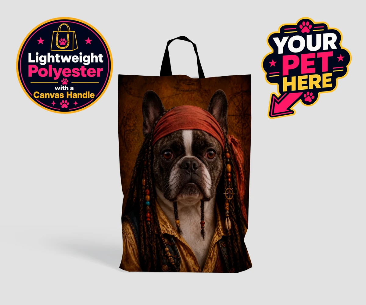 Personalised The Pawrate dog shopping bags featuring meet The Pawrate, a delightful canine pirate ready to embark on high-s