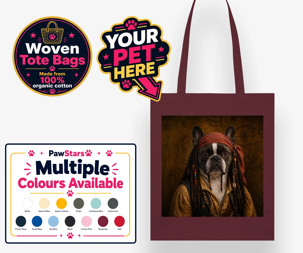 Personalised The Pawrate dog woven tote bags featuring meet The Pawrate, a delightful canine pirate ready to embark on high-s