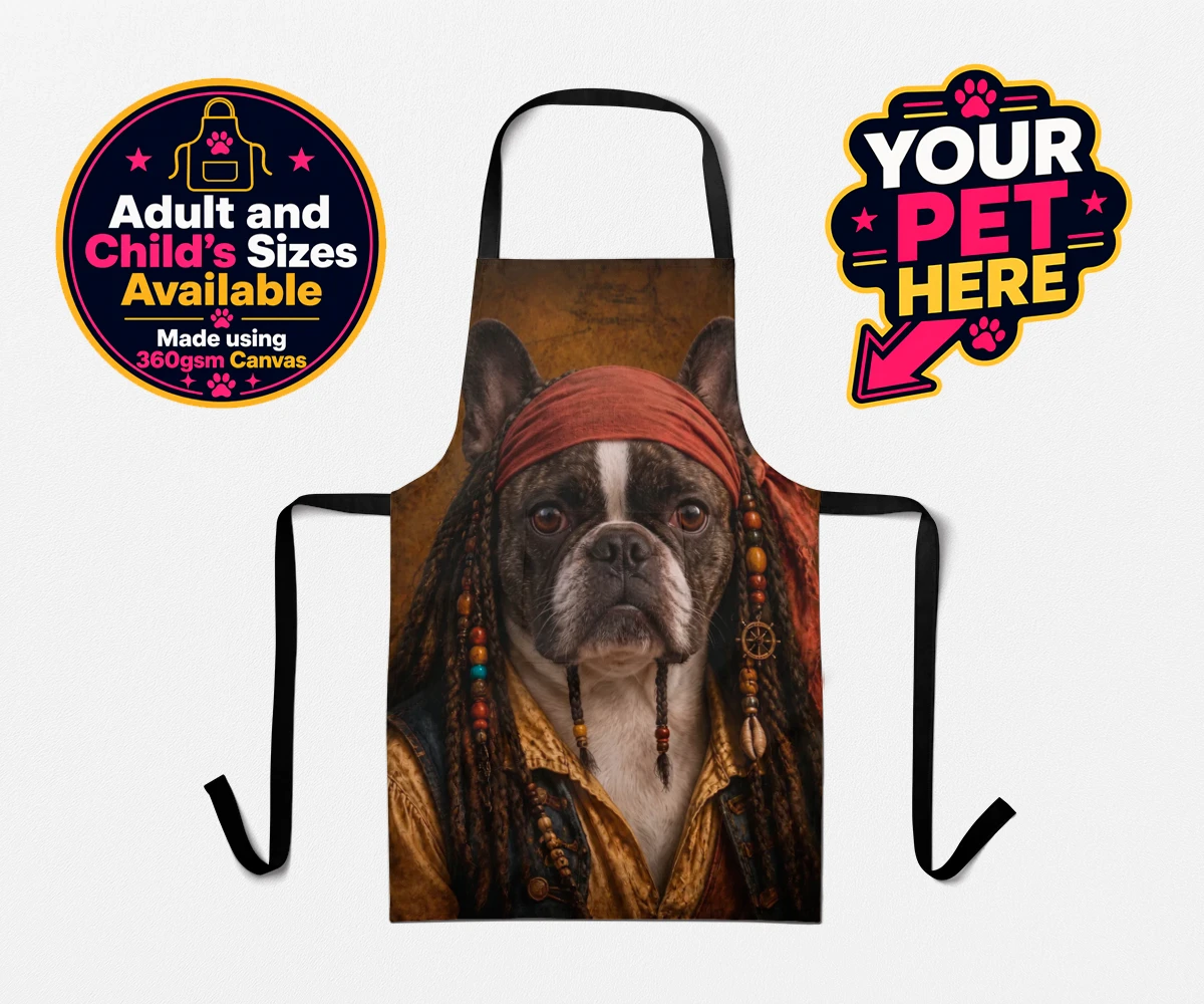 Personalised The Pawrate dog aprons featuring meet The Pawrate, a delightful canine pirate ready to embark on high-s