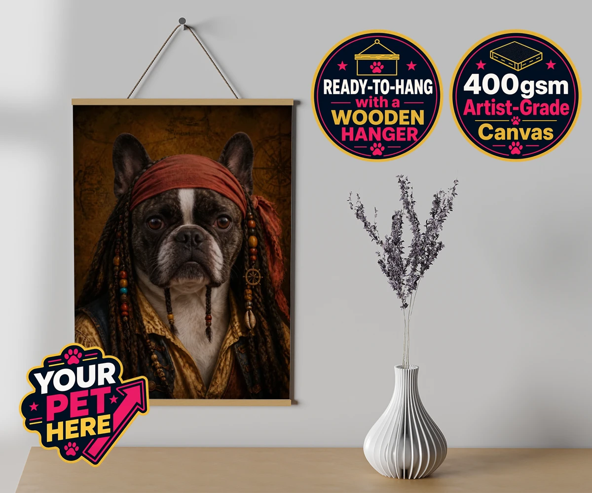 Personalised The Pawrate dog canvas poster prints with hanger featuring meet The Pawrate, a delightful canine pirate ready to embark on high-s
