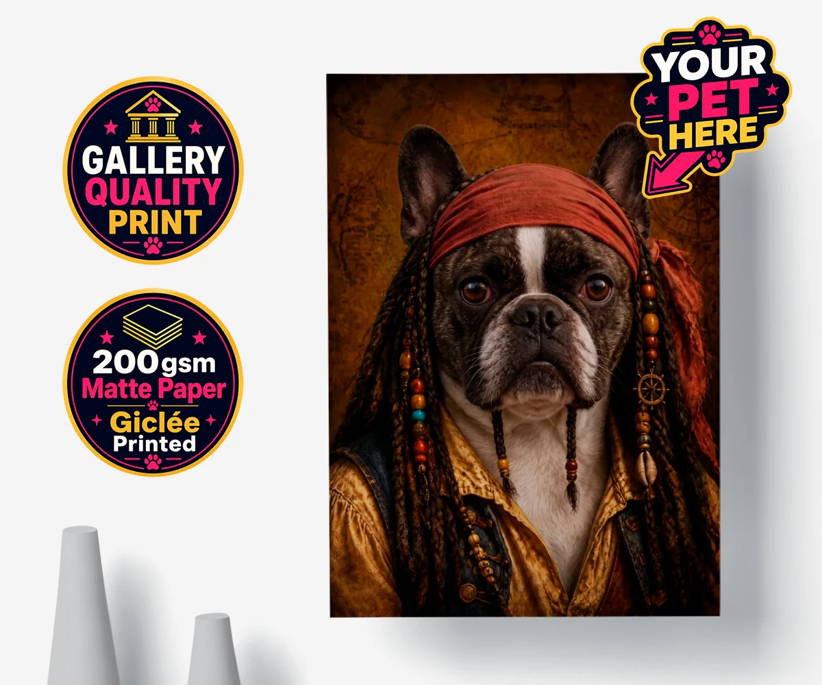 Personalised The Pawrate dog fine art poster print featuring meet The Pawrate, a delightful canine pirate ready to embark on high-s