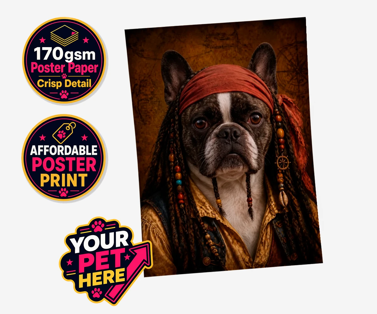 Personalised The Pawrate dog standard poster print featuring meet The Pawrate, a delightful canine pirate ready to embark on high-s