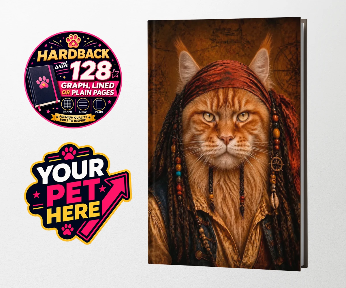 Personalised The Pawrate cat hardback notebooks featuring meet The Pawrate, a whimsical tribute to your beloved feline, capturin