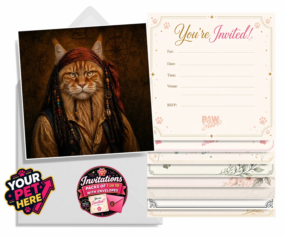 Personalised The Pawrate cat invitations featuring meet The Pawrate, a whimsical tribute to your beloved feline, capturin