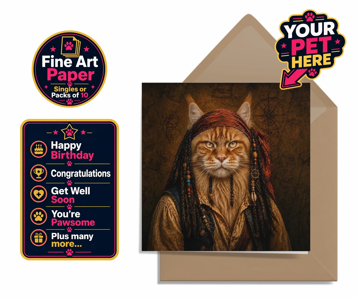 Personalised The Pawrate cat premium greetings cards featuring meet The Pawrate, a whimsical tribute to your beloved feline, capturin
