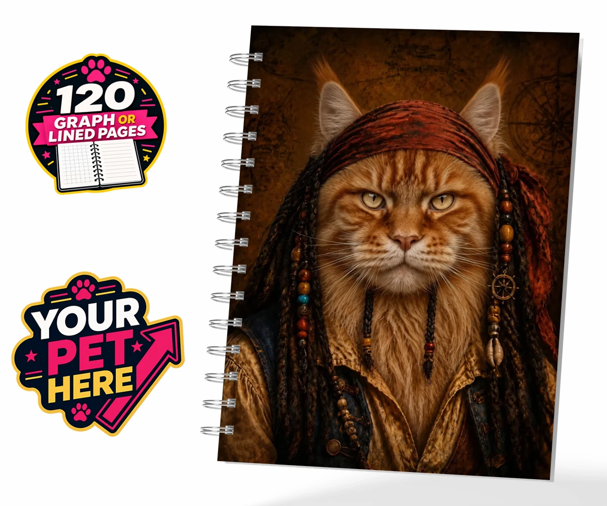 Personalised The Pawrate cat spiral notebook featuring meet The Pawrate, a whimsical tribute to your beloved feline, capturin