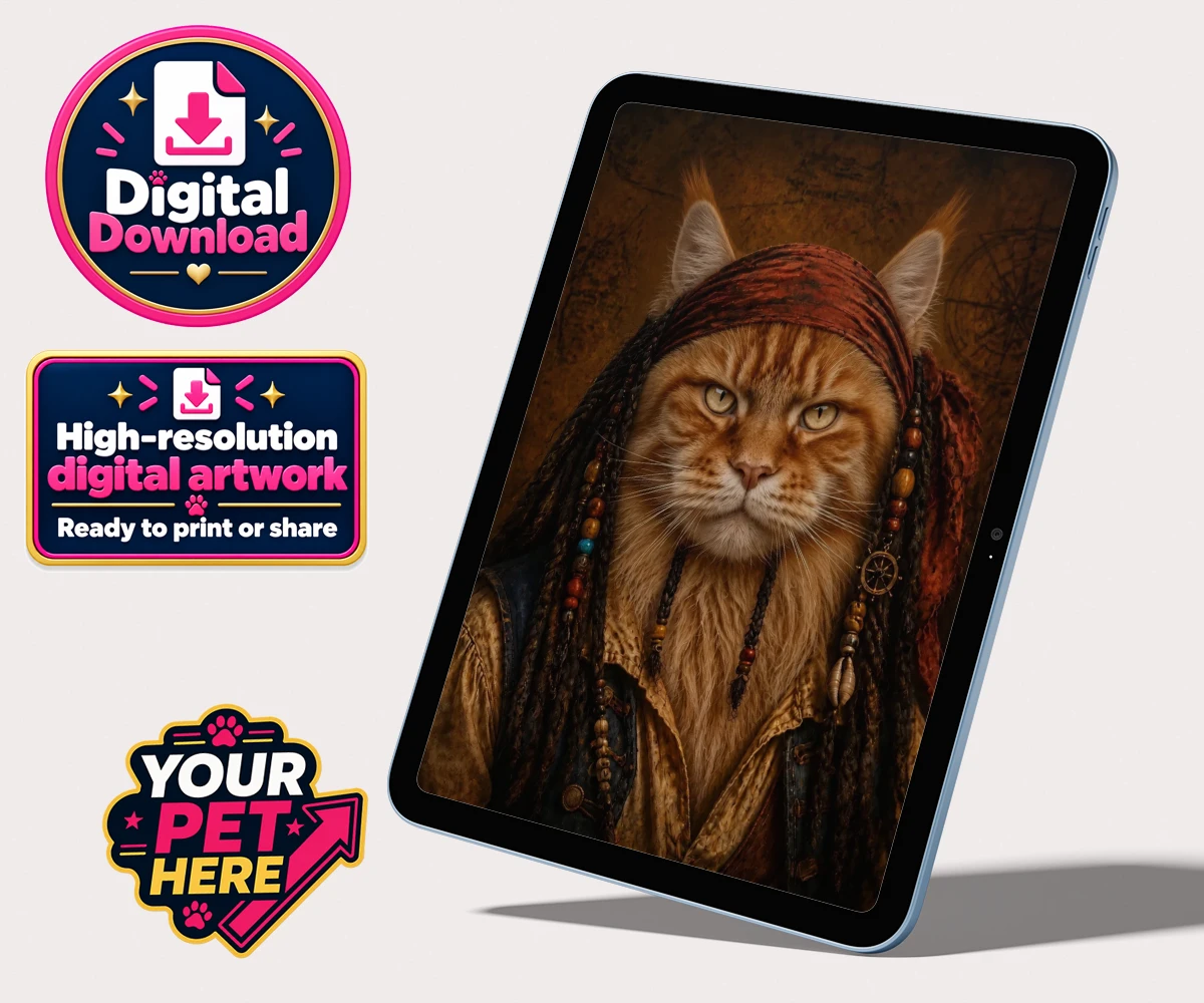 Personalised The Pawrate cat personalised digital downloads featuring meet The Pawrate, a whimsical tribute to your beloved feline, capturin