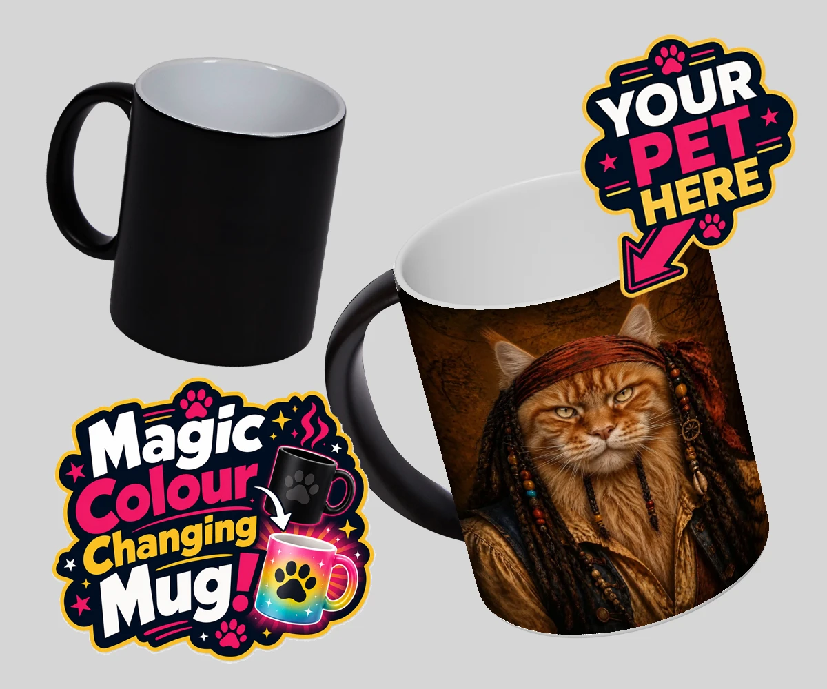 Personalised The Pawrate cat magic photo mugs featuring meet The Pawrate, a whimsical tribute to your beloved feline, capturin