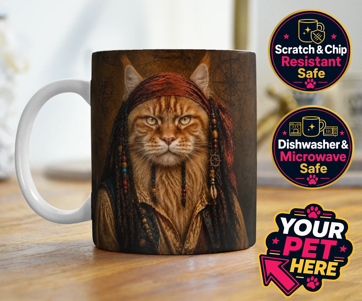 Personalised The Pawrate cat photo mugs featuring meet The Pawrate, a whimsical tribute to your beloved feline, capturin