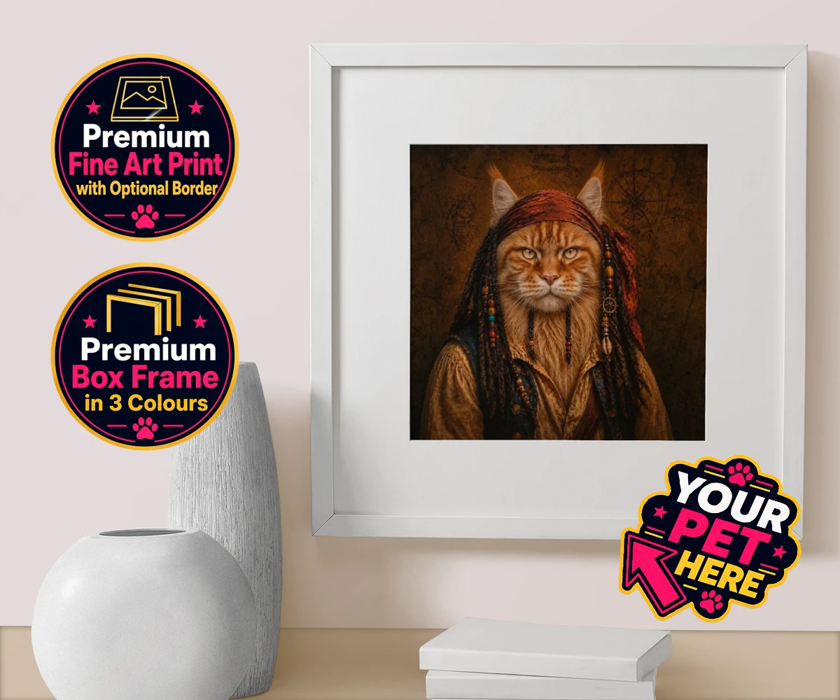 Personalised The Pawrate cat box framed print featuring meet The Pawrate, a whimsical tribute to your beloved feline, capturin