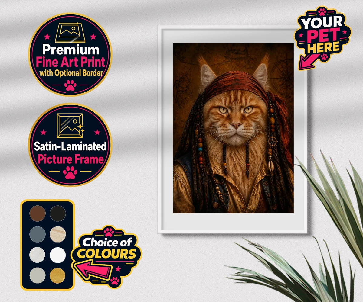 Personalised The Pawrate cat premium framed print featuring meet The Pawrate, a whimsical tribute to your beloved feline, capturin