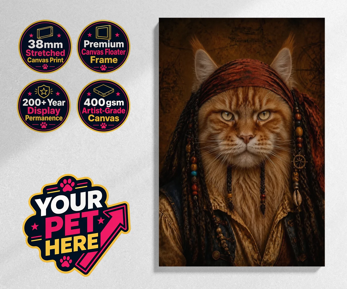 Personalised The Pawrate cat stretched canvas print featuring meet The Pawrate, a whimsical tribute to your beloved feline, capturin