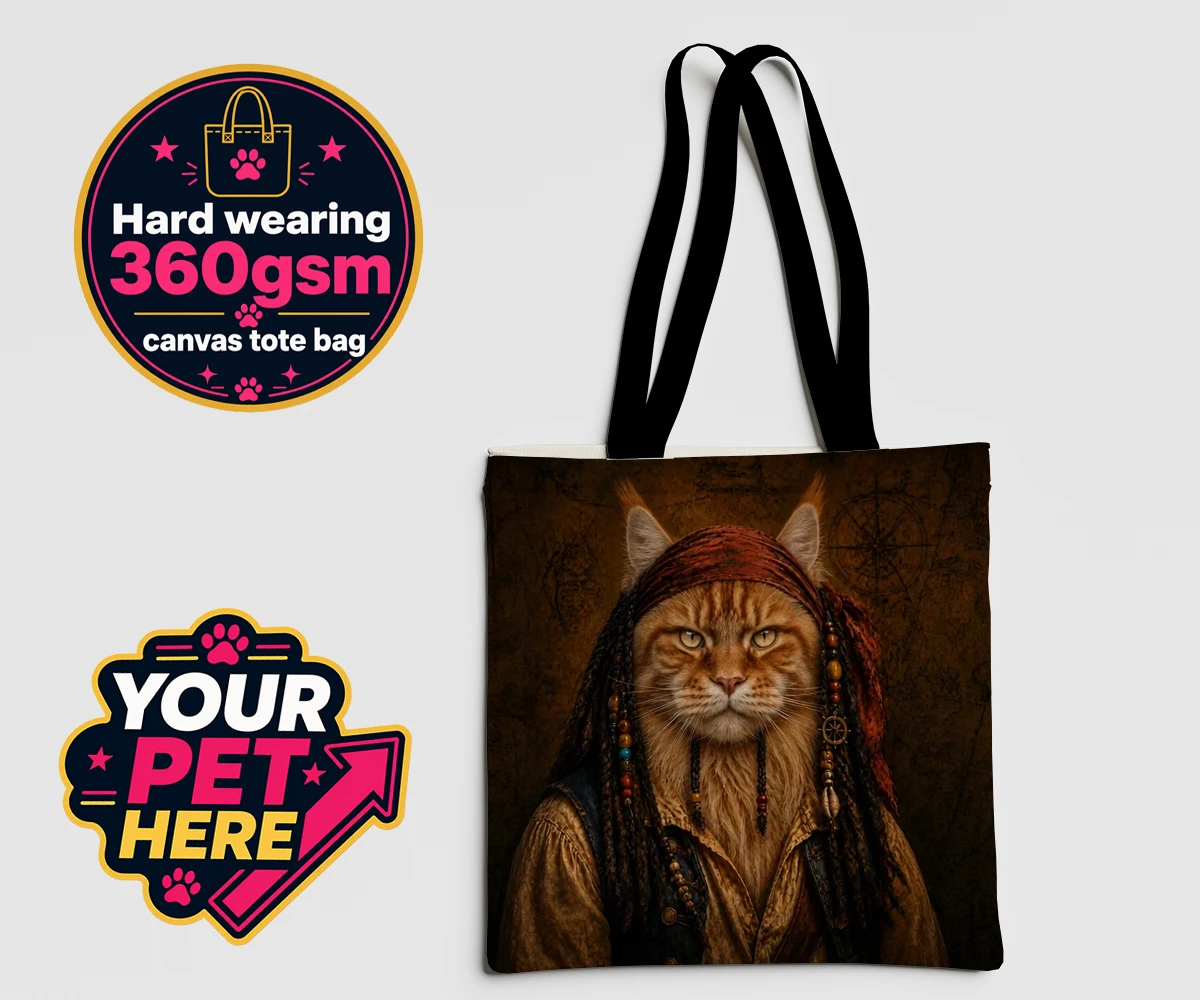 Personalised The Pawrate cat canvas tote bags featuring meet The Pawrate, a whimsical tribute to your beloved feline, capturin