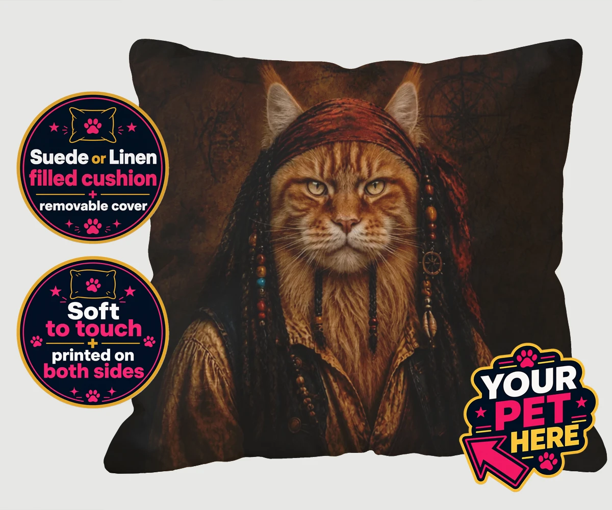Personalised The Pawrate cat linen / suede cushions featuring meet The Pawrate, a whimsical tribute to your beloved feline, capturin