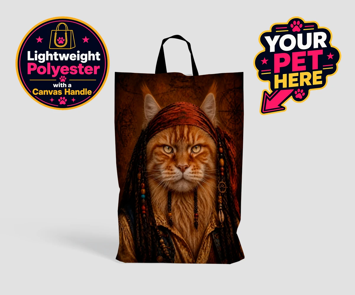 Personalised The Pawrate cat shopping bags featuring meet The Pawrate, a whimsical tribute to your beloved feline, capturin