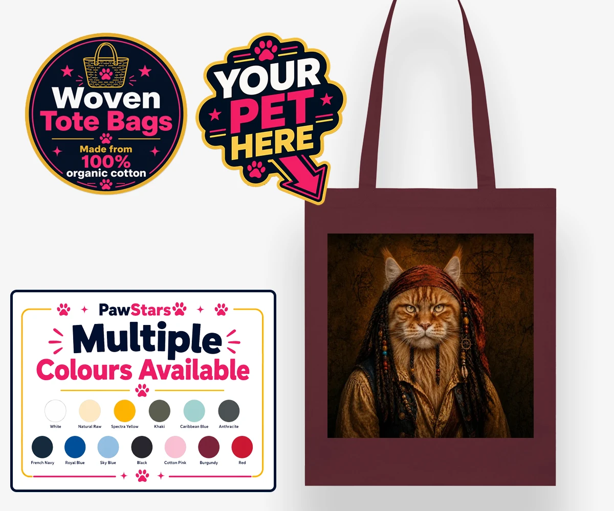 Personalised The Pawrate cat woven tote bags featuring meet The Pawrate, a whimsical tribute to your beloved feline, capturin