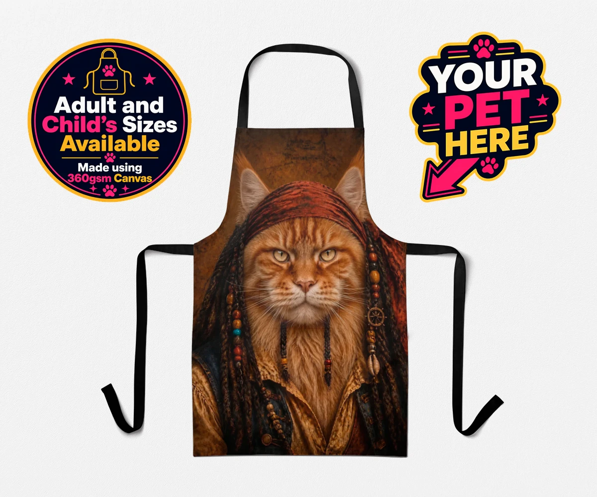 Personalised The Pawrate cat aprons featuring meet The Pawrate, a whimsical tribute to your beloved feline, capturin