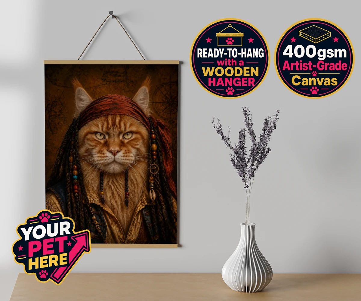 Personalised The Pawrate cat canvas poster prints with hanger featuring meet The Pawrate, a whimsical tribute to your beloved feline, capturin