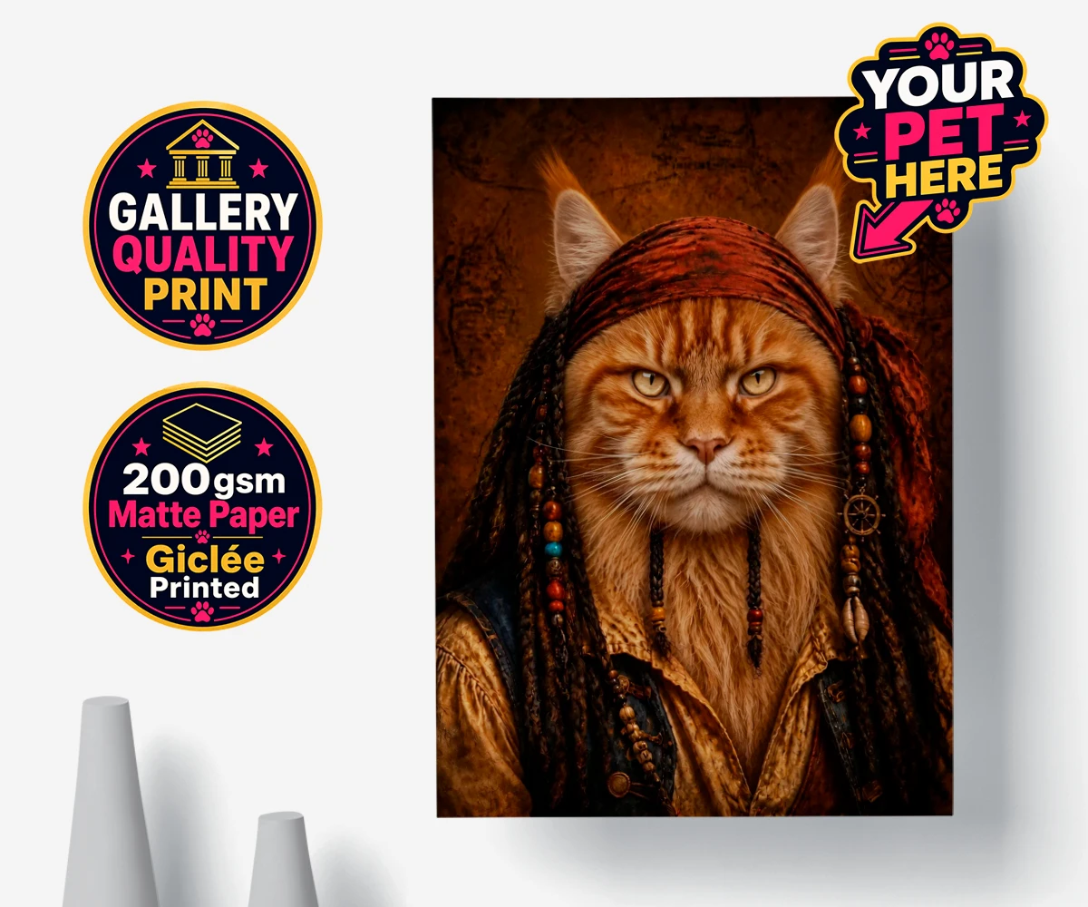 Personalised The Pawrate cat fine art poster print featuring meet The Pawrate, a whimsical tribute to your beloved feline, capturin