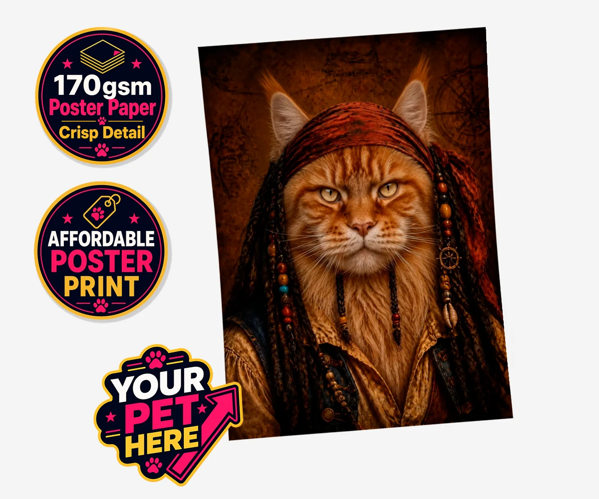 Personalised The Pawrate cat standard poster print featuring meet The Pawrate, a whimsical tribute to your beloved feline, capturin