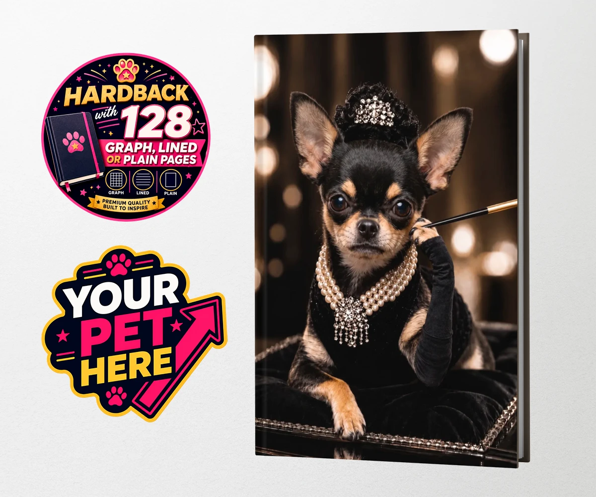 Personalised hardback notebook featuring Breakfast at ... dog in black velvet gown and pearls.