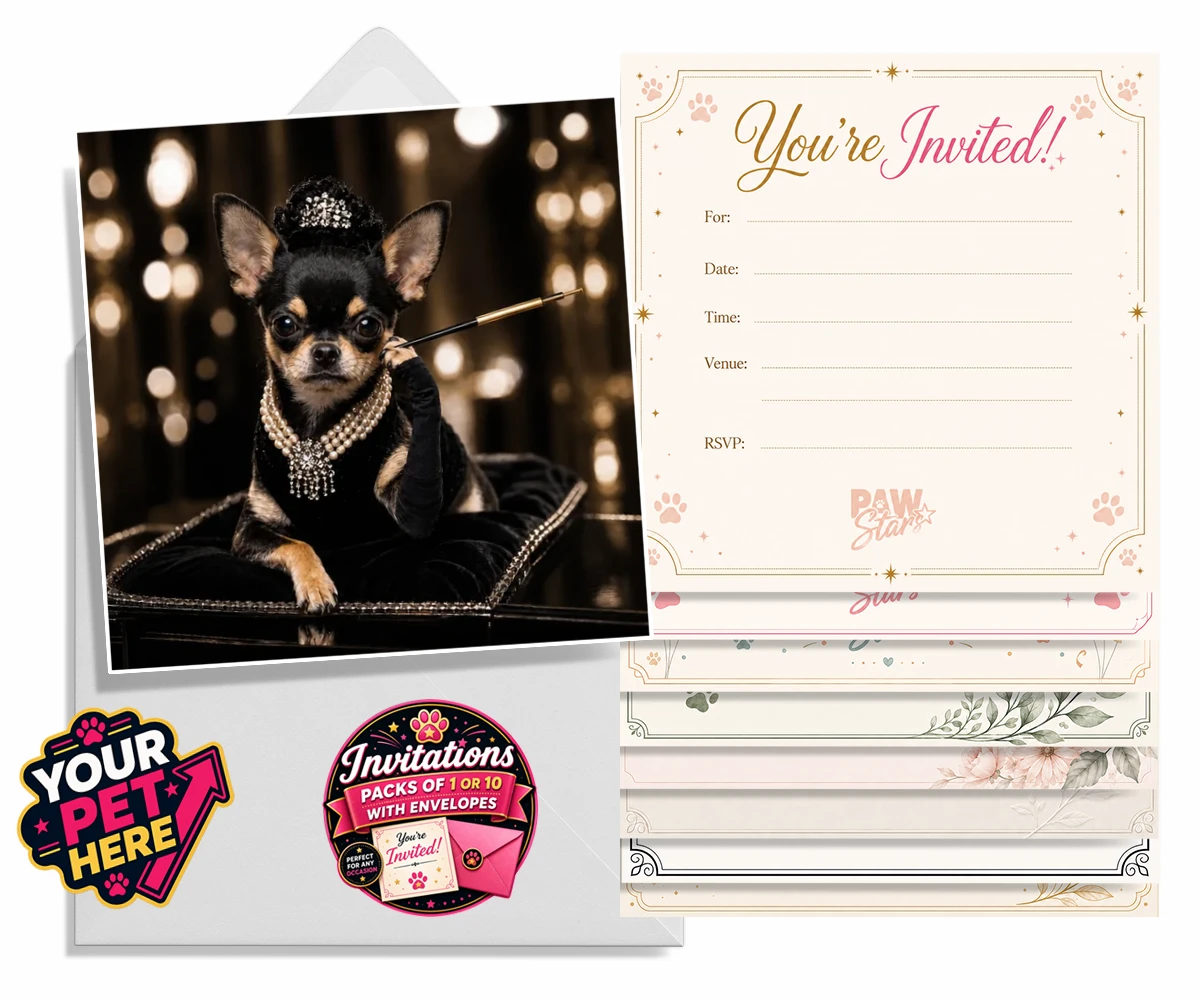 Personalised invitations featuring Breakfast at ... dog in black velvet gown and tiara