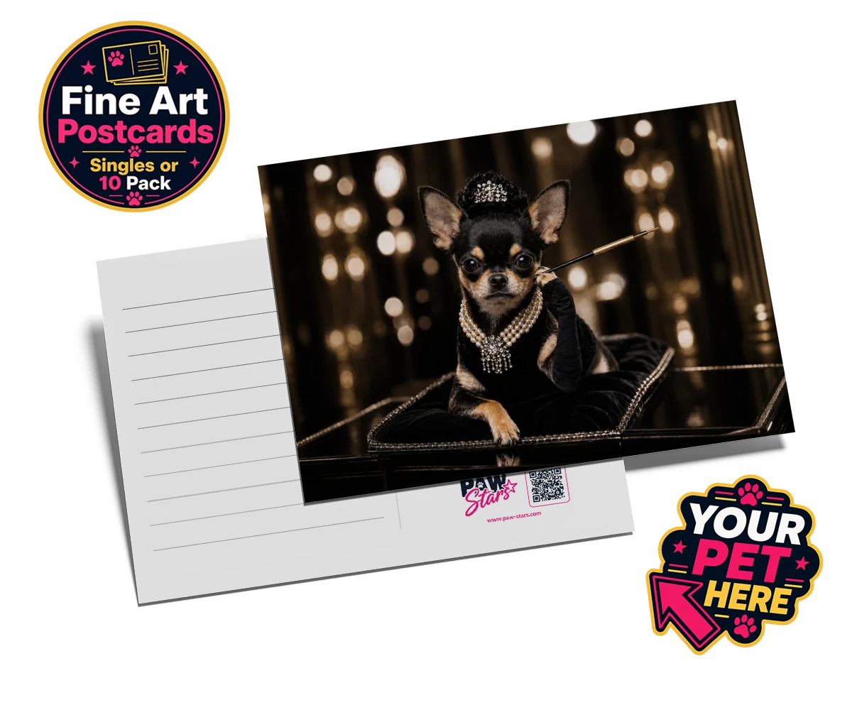 Personalised postcard featuring Breakfast at ... dog in glamorous black velvet gown and tiara