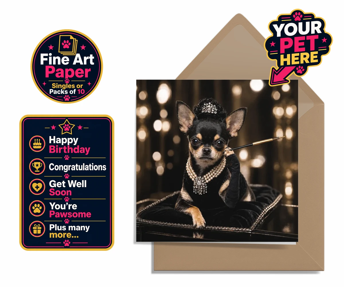 Personalised premium greetings card featuring Breakfast at ..., a dog in a black velvet gown with pearls and a tiara