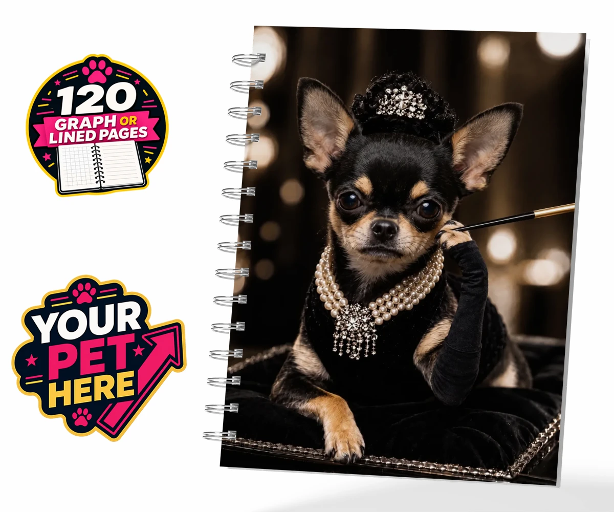 Personalised spiral notebook featuring Breakfast at ... dog in a black velvet gown and tiara