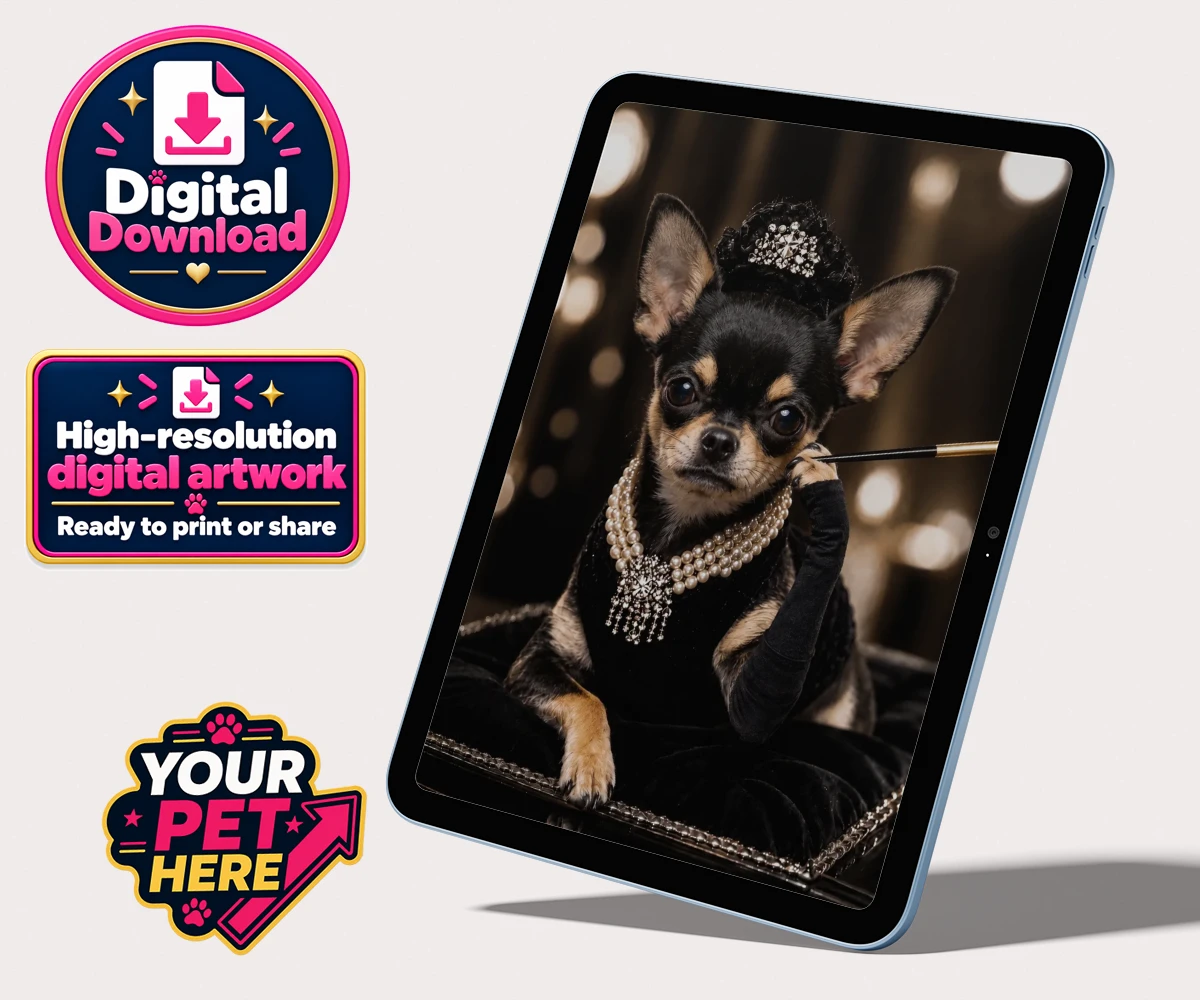 Personalised digital portrait of Breakfast at ... character, a dog in a black velvet gown with pearls and a tiara