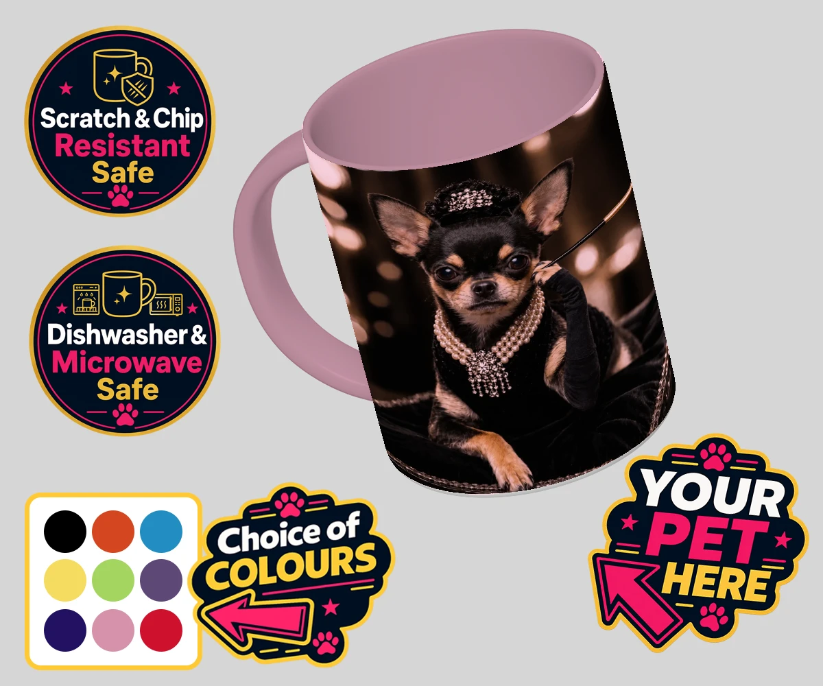 Personalised Breakfast at ... dog coloured photo mugs featuring step into a whimsical world of glamour with our delightful "Breakfast