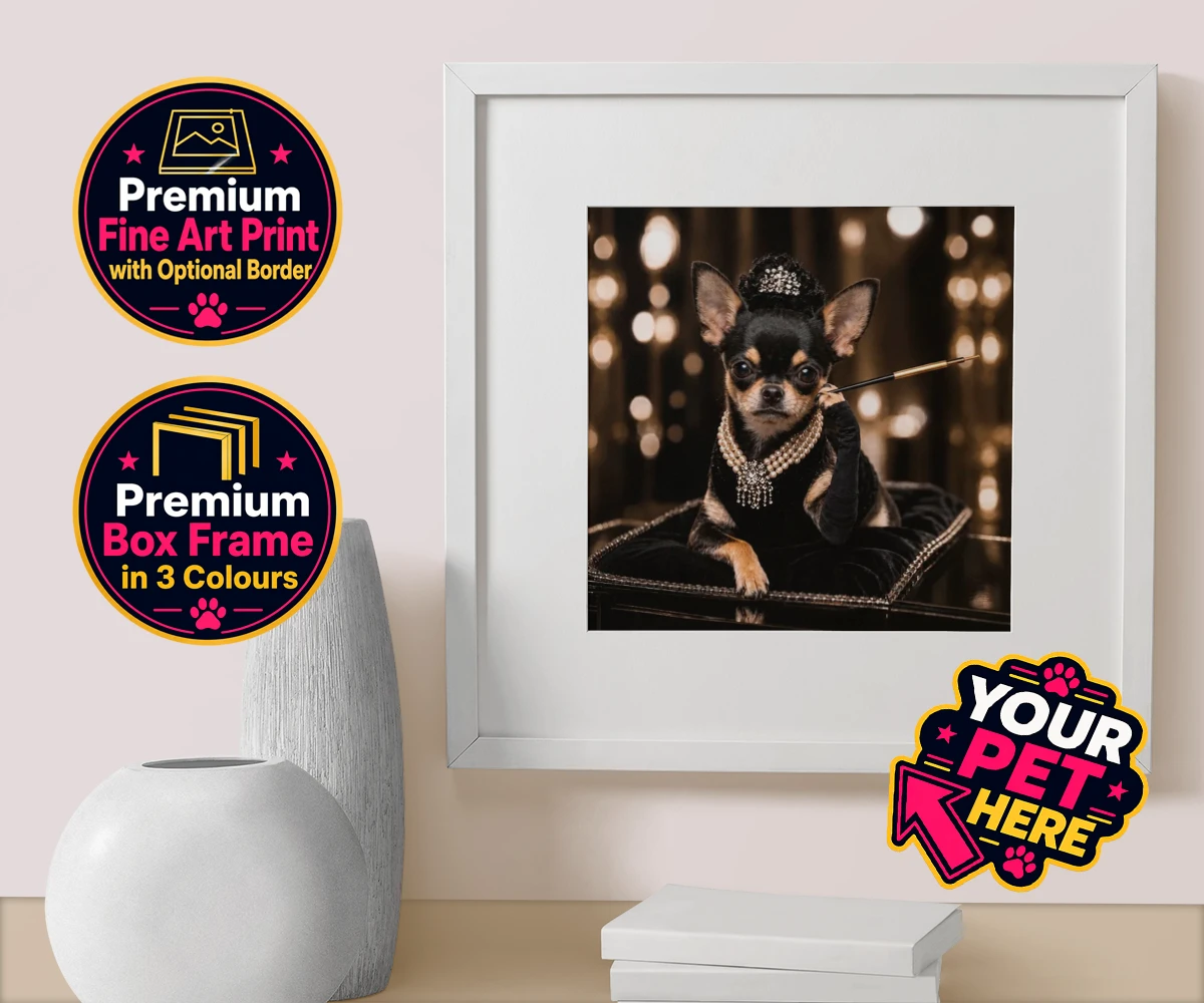 Personalised Breakfast at ... dog box framed print featuring step into a whimsical world of glamour with our delightful "Breakfast