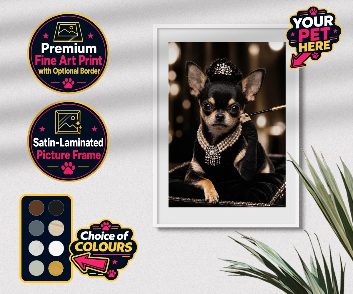 Personalised Breakfast at ... dog premium framed print featuring step into a whimsical world of glamour with our delightful "Breakfast