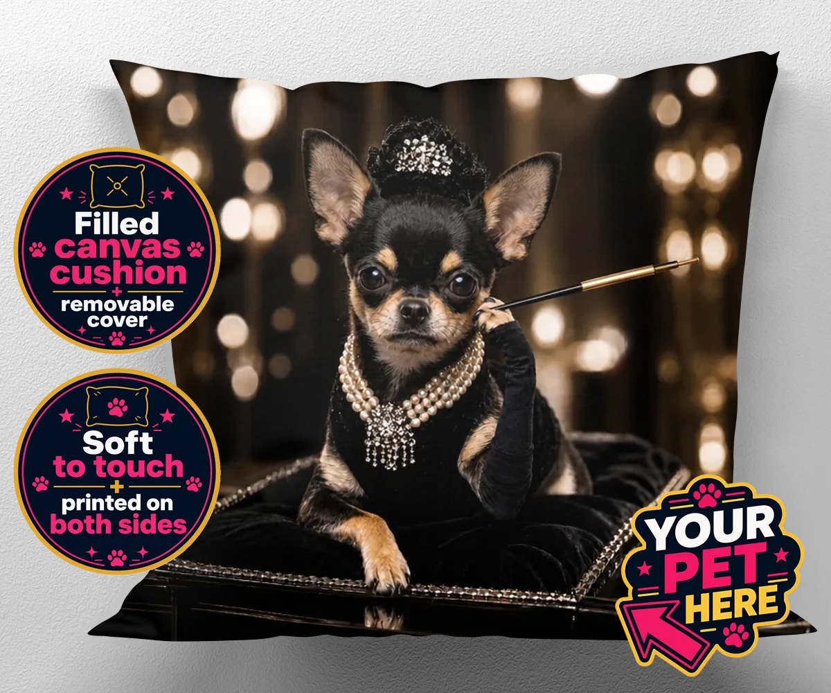 Personalised Breakfast at ... dog canvas cushions featuring step into a whimsical world of glamour with our delightful "Breakfast