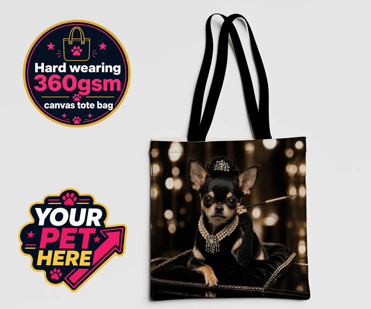 Personalised Breakfast at ... dog canvas tote bags featuring step into a whimsical world of glamour with our delightful "Breakfast