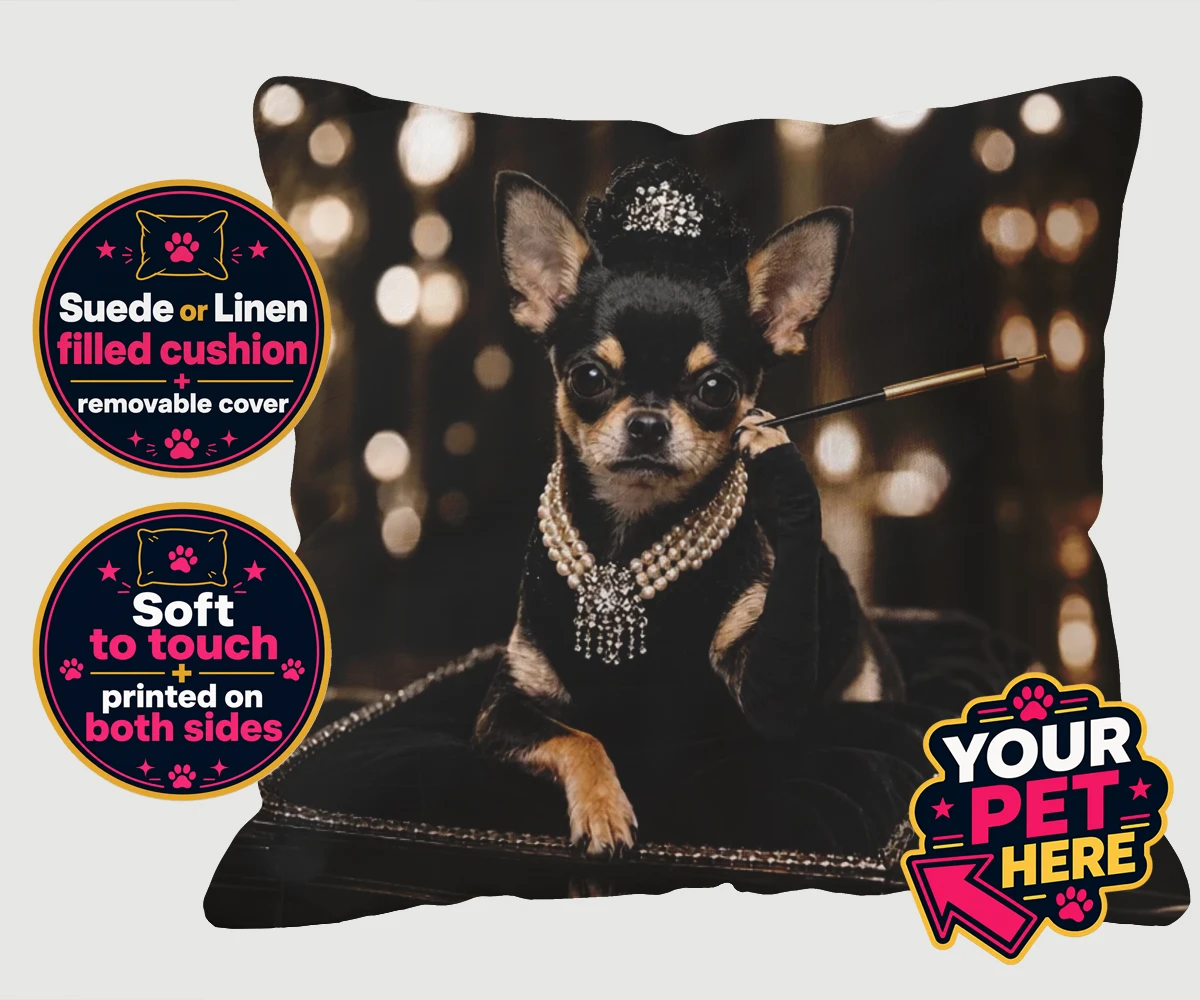 Personalised 'Breakfast at ...' dog cushion featuring a dog in a black velvet gown and a tiara