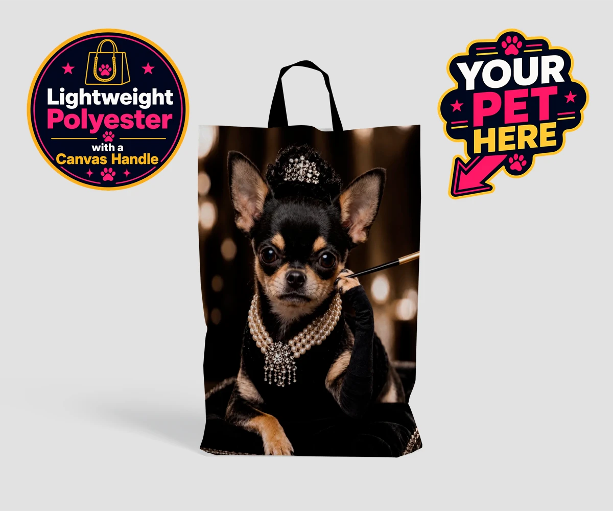 Personalised shopping bag featuring Breakfast at ... dog in a black velvet gown with pearls and a tiara