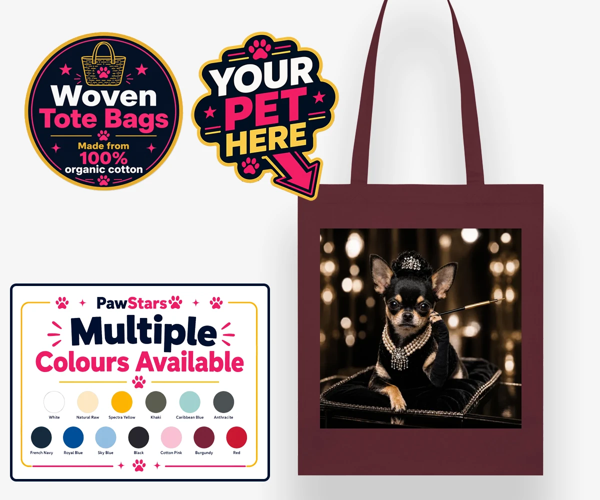 Personalised Breakfast at ... dog woven tote bags featuring step into a whimsical world of glamour with our delightful "Breakfast